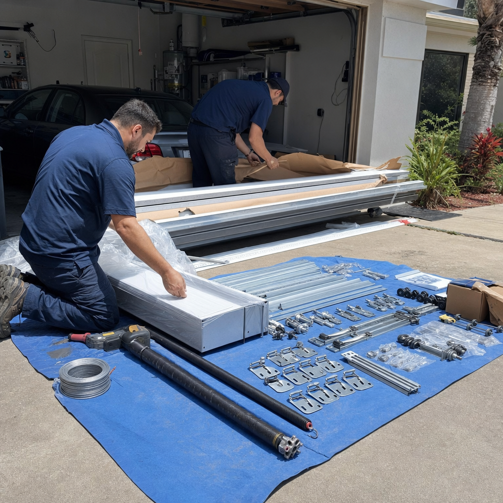Professional garage door installation with parts laid out