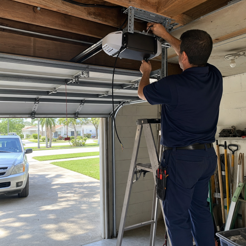 Technician installing garage door opener on ladder