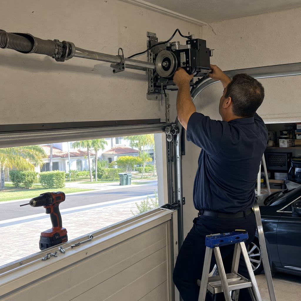 Technician performing garage door opener installation or repair
