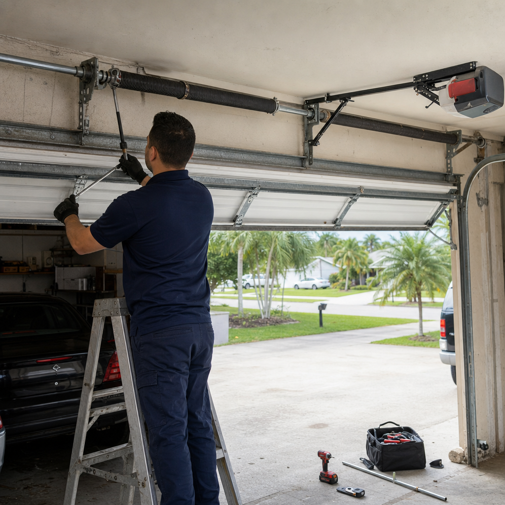 Garage door repair technician fixing door springs on a ladder.