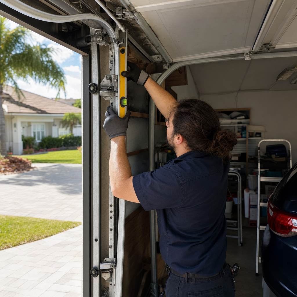 Garage door repair technician using a level on door track