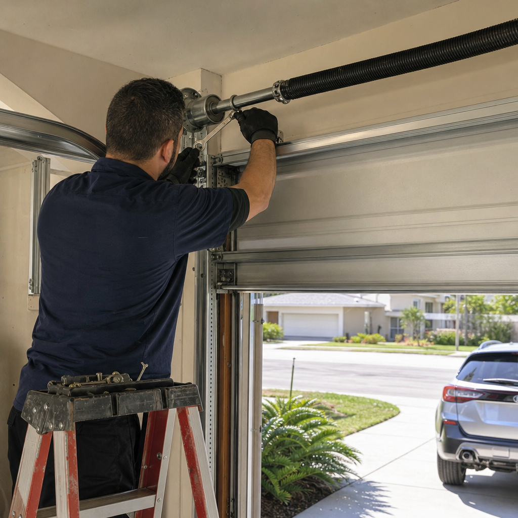Garage door technician performing emergency repair on torsion spring in Fort Lauderdale, FL