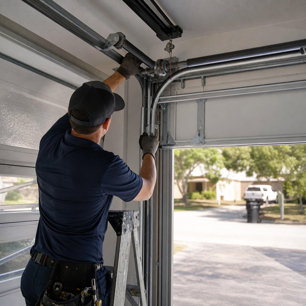 Garage door technician performing emergency garage door repair on spring system in Dania Beach, FL