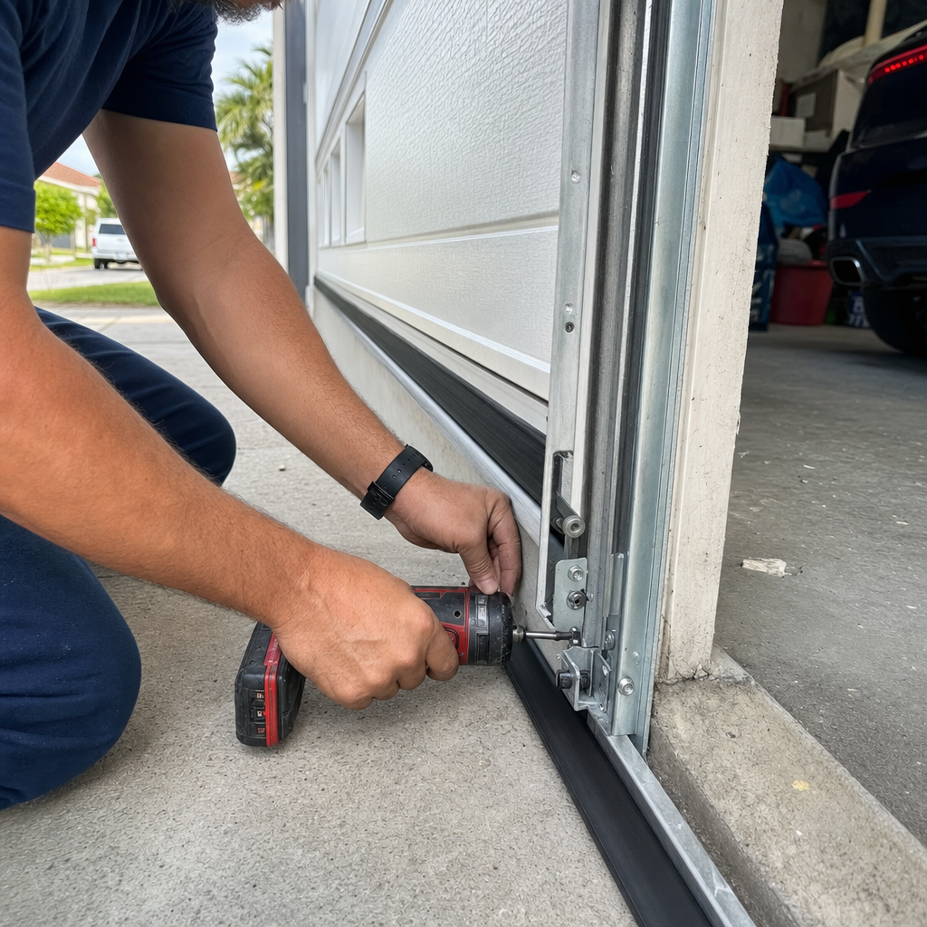 Professional installing a garage door with a drill.