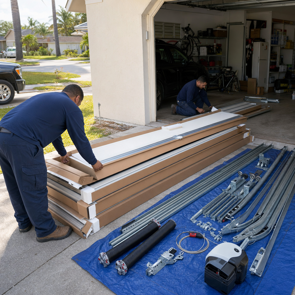 Garage door installation, technicians installing door panels and hardware.