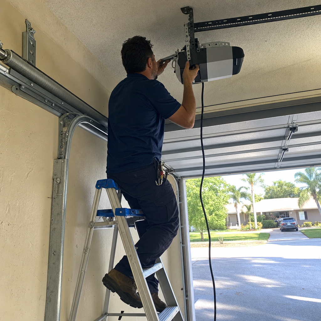 Garage door opener installation by a professional technician on a ladder.
