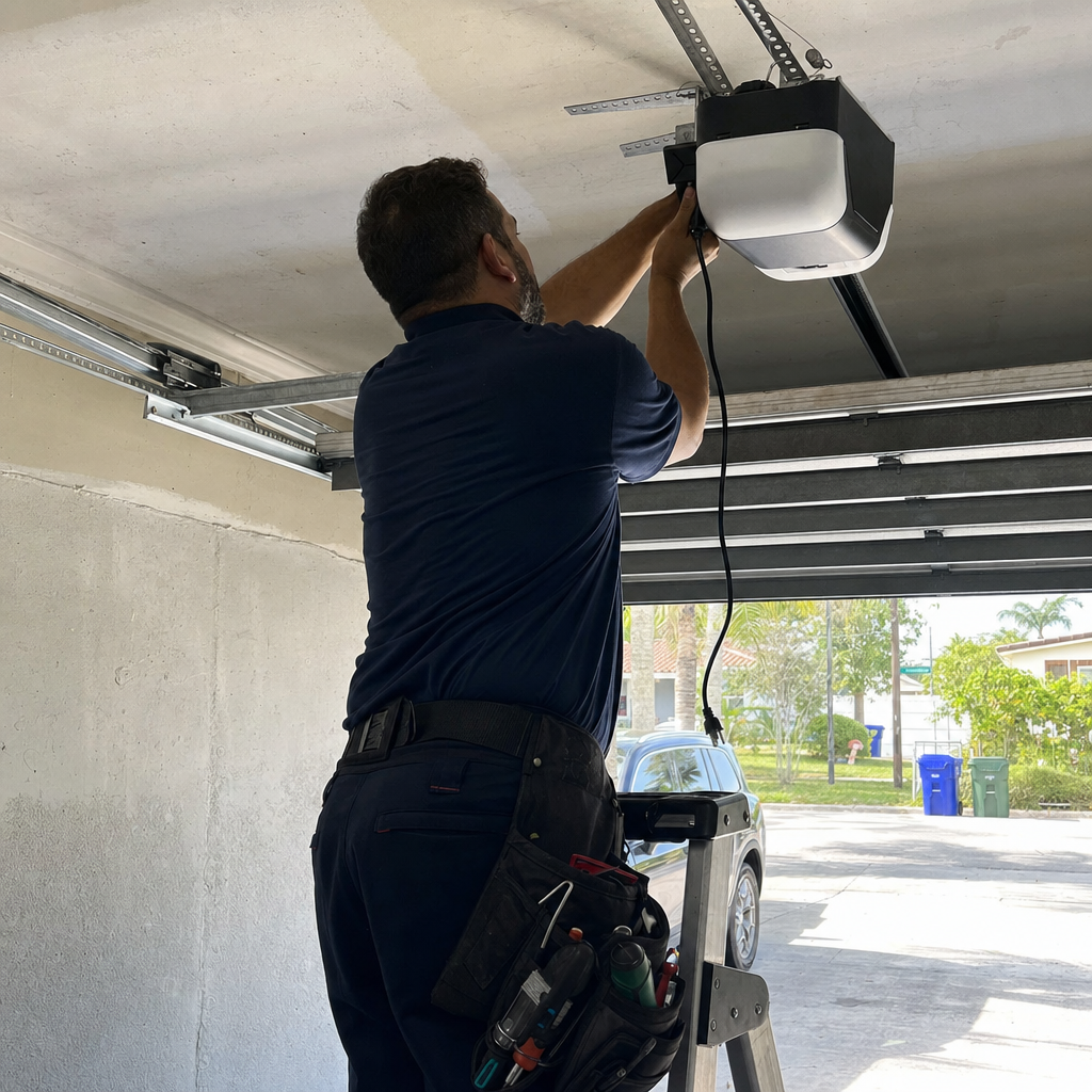 Technician installing garage door opener