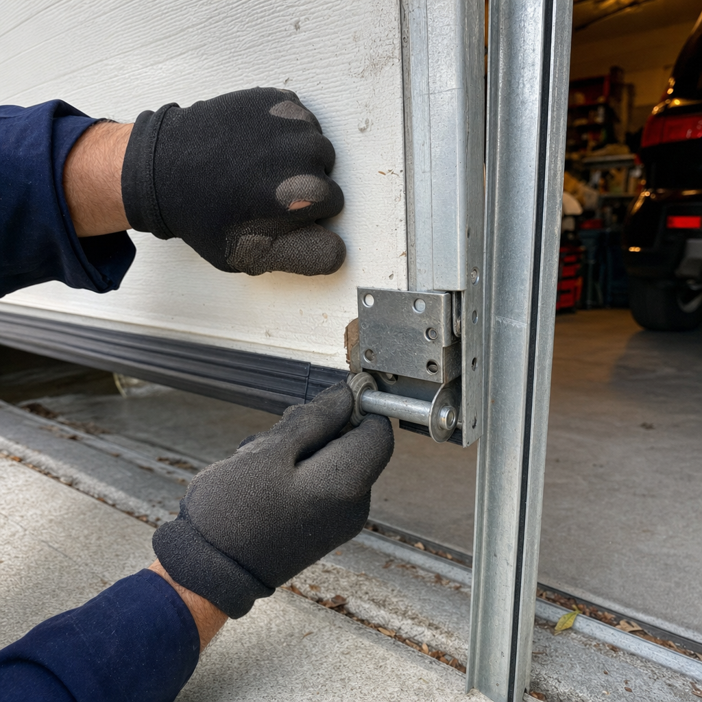 Garage door roller replacement by technician in gloves in Fort Lauderdale, FL