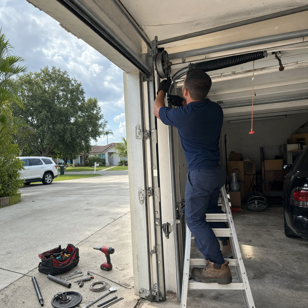 Garage door repair technician working on parts in Fort Lauderdale, FL