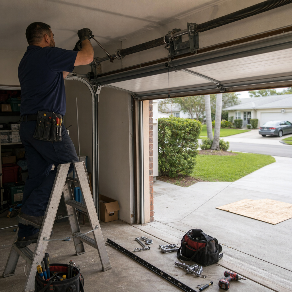 Garage door technician repairing overhead door spring with tools in Fort Lauderdale, FL