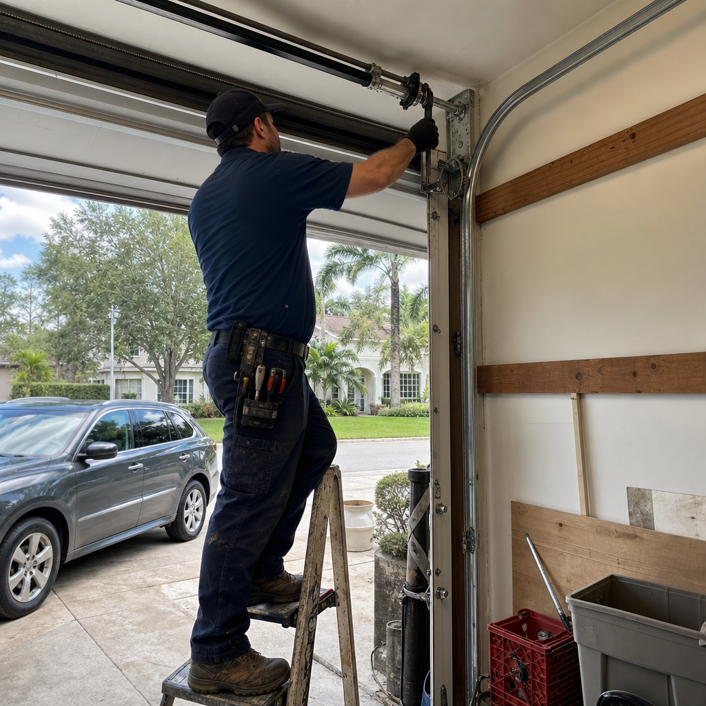 Garage door technician working on door parts in Fort Lauderdale, FL