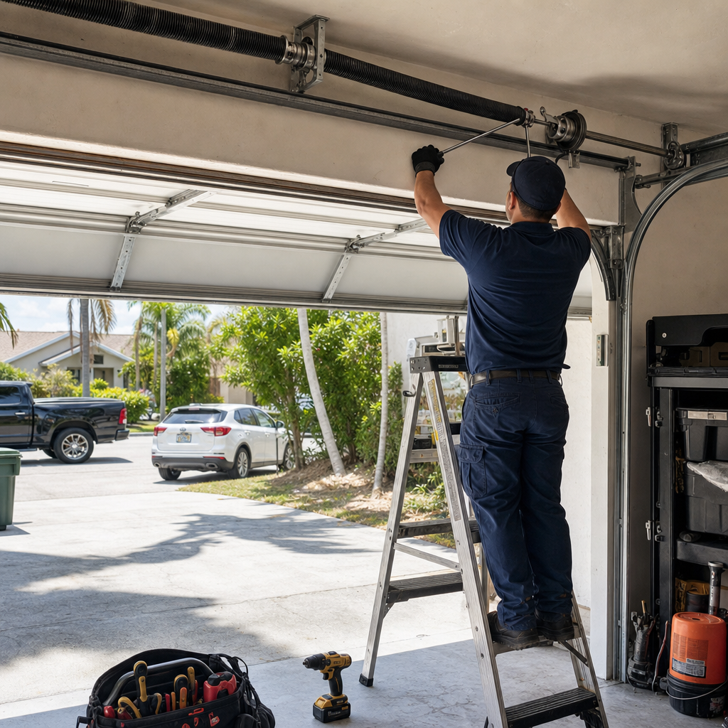 Garage door repair technician adjusting spring on ladder