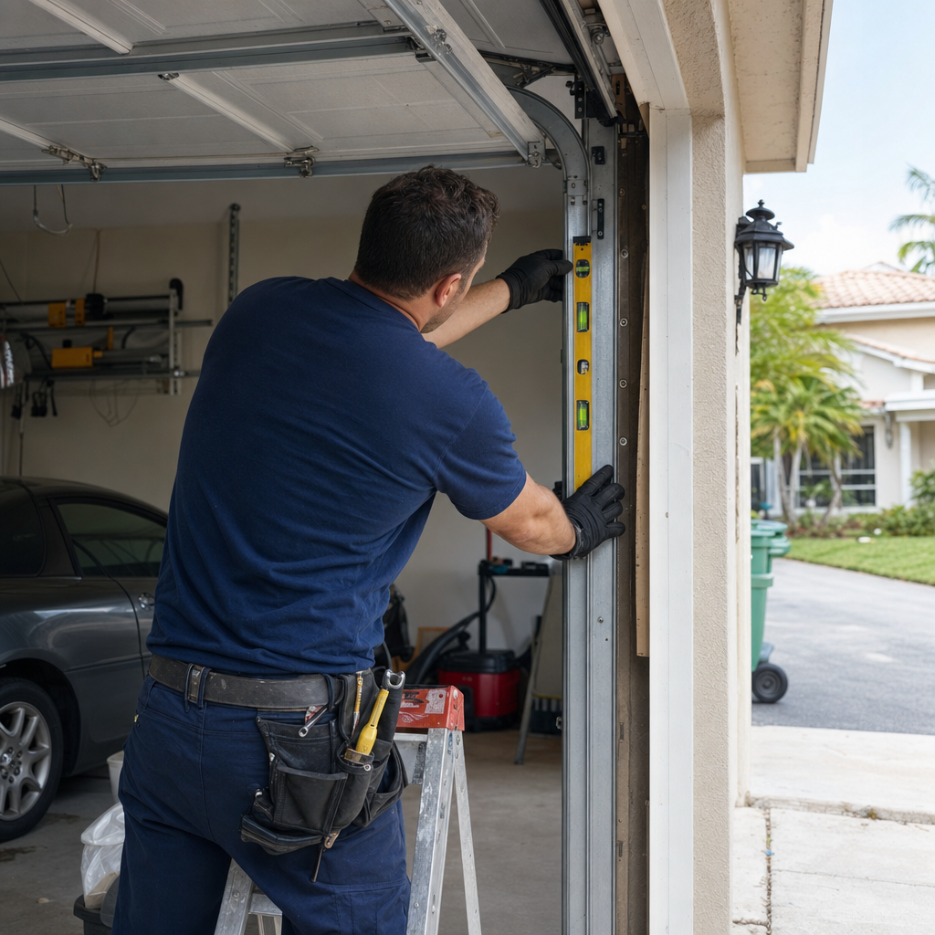 Garage door repair technician installs track with a level.